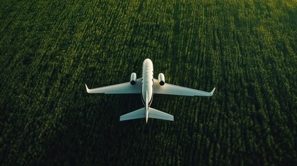 Aerial view of a jet plane over a green field. Possible use stock photo for travel, nature, and aviation