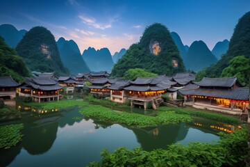 Fototapeta premium mountains and a river with a small village in the middle