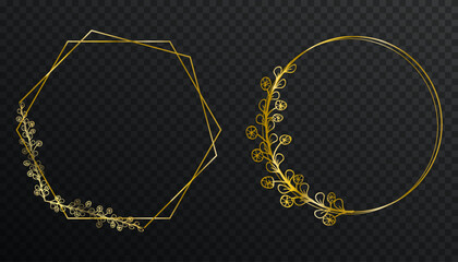 Shiny gold frame with glow shine flare effect and drop shadow on transparent background. Golden luxury realistic rectangle border. Vector illustration. Thin line. A textbox. Golden frame element