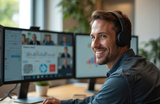 Smiling man with headphones at virtual team meeting in modern office. Video call on computer screen with online conference. Global corporate team collaboration via multimedia cyberspace connectivity