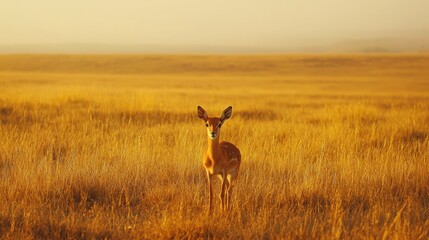 Naklejka premium A young deer stands in a golden field, bathed in the warm light of the setting sun. The serene landscape creates a peaceful and idyllic scene.