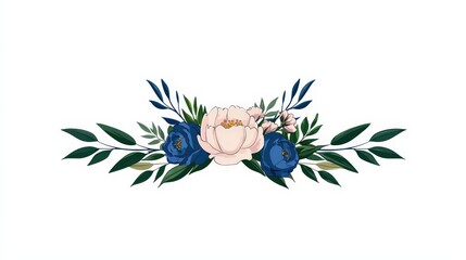 Obraz premium Elegant floral arrangement with pink and blue flowers and green leaves, isolated on white background.