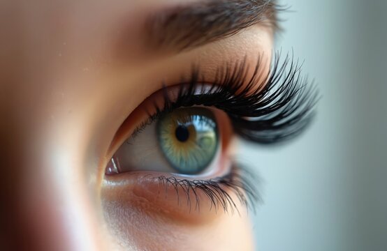 Close-up side view of female eye with long artificial eyelashes. Beauty industry concept of eyelash extensions, lash tinting, perming, and other lash services in beauty parlour.