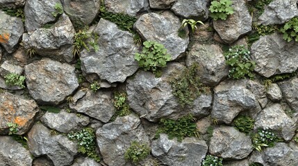 Stone wall texture with green plants