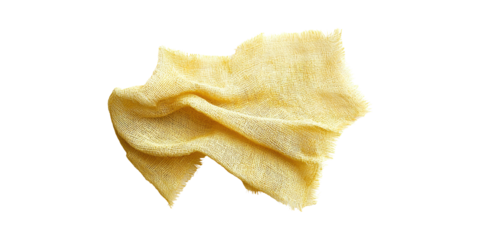 Yellow fabric cloth with frayed edges isolated on transparent background