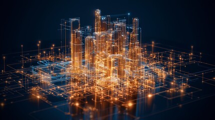 Obraz premium Abstract digital cityscape illuminated by glowing lines and nodes, representing advanced technology and connectivity.