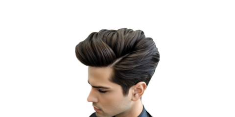 Stylish men's hairstyle featuring voluminous quiff isolated on transparent background
