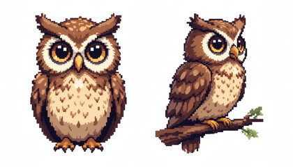 Fototapeta premium Charming 8-bit Pixel Owl with Big Eyes, Front and Side View Perched on a Branch, Isolated on a White Background