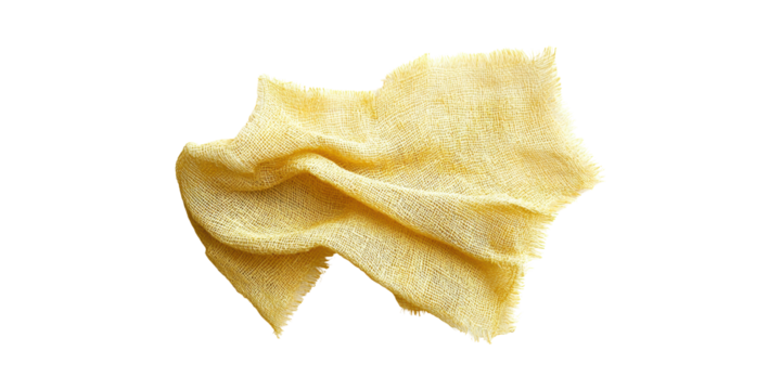Yellow fabric cloth with frayed edges isolated on transparent background