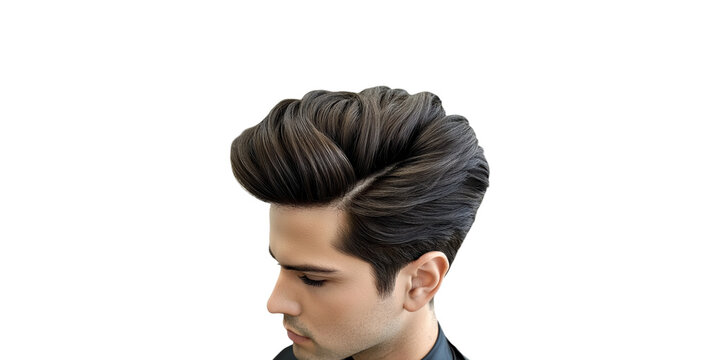 Stylish men's hairstyle featuring voluminous quiff isolated on transparent background