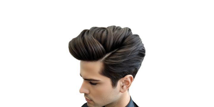 Stylish men's hairstyle featuring voluminous quiff isolated on transparent background