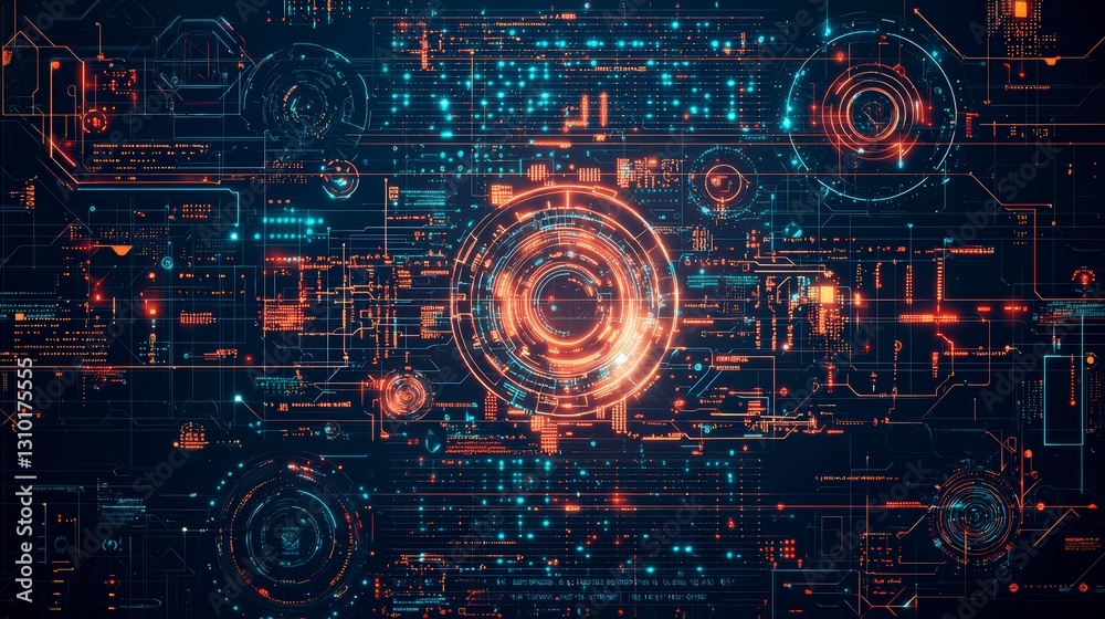 Poster abstract digital circuit design with glowing lines and circular patterns in blue and orange tones, r