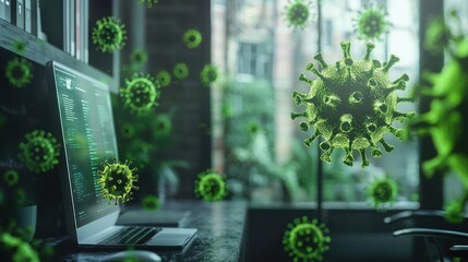 A laptop screen displays code, surrounded by 3D renderings of viruses, suggesting the impact of pandemics on technology and remote work.