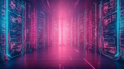 Obraz premium Futuristic digital corridor with glowing lights in pink and blue, creating a high-tech ambiance.