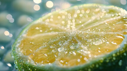 Close-up of a juicy lime wedge glistening with water droplets. The vibrant yellow and green hues create a refreshing image.