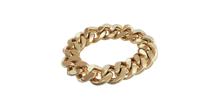 Golden chunky chain bracelet with interlocking links isolated on transparent background