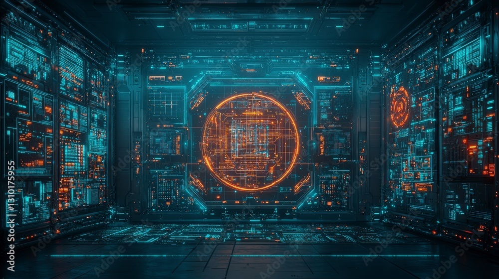 Poster futuristic digital interface with glowing patterns and a central circular design, showcasing a high-