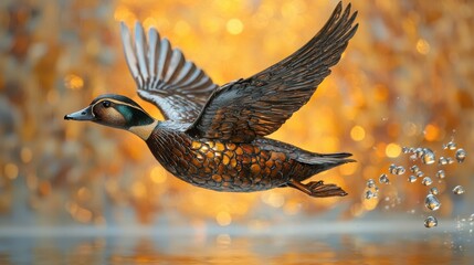 Obraz premium A detailed close-up of a meticulously crafted duck sculpture in flight, set against a warm, bokeh-filled background. The duck's intricate details are highlighted by the soft, golden light.