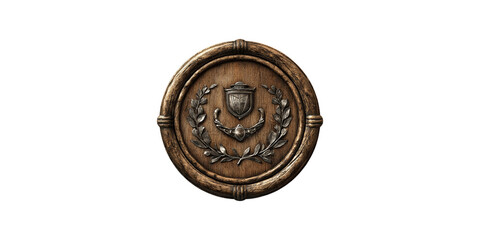 Vintage wooden shield with laurel wreath emblem isolated on transparent background