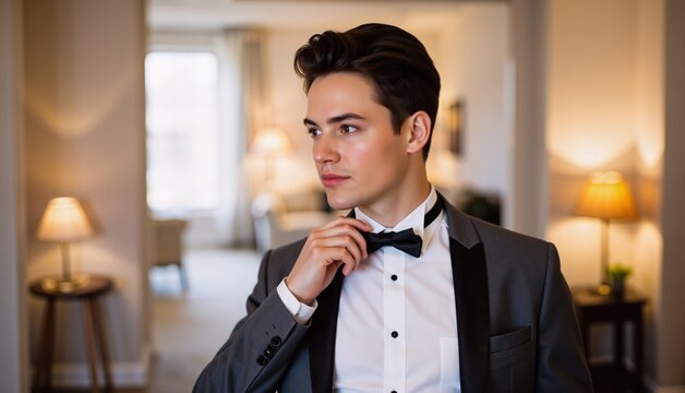 Groom adjusting his bow tie while getting ready for wedding ceremony in hotel room