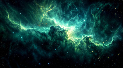 Obraz premium Vibrant Green Nebula with Bright Stars and Cosmic Clouds in Space, cosmic background image