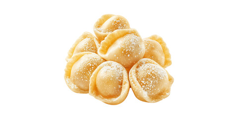 Fresh uncooked tortellini pasta pile with flour dust isolated on transparent background