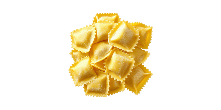 Stack of yellow ravioli pasta pockets with cheese filling isolated on transparent background