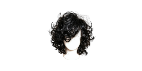 Curly black wig with messy style on mannequin head isolated on transparent background