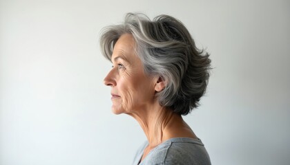 Side profile of middle aged woman on white background in studio. Mature lady with grey hair. Elegant attractive person with natural beauty. Elderly retired model. Copy space blank for text.