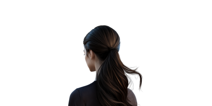 Rear view of woman with long flowing hair in ponytail isolated on transparent background