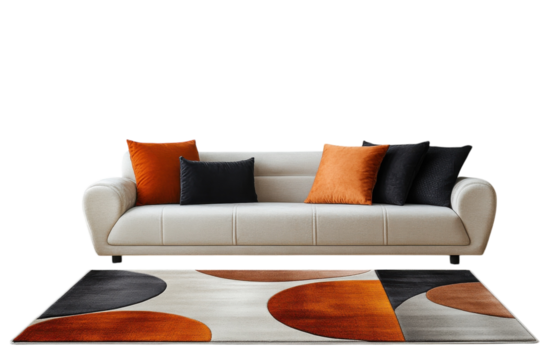 Stylish modern living room featuring a light sofa with colorful cushions and an artistic area rug