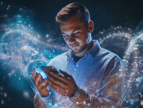 Focused young man interacts with glowing phone