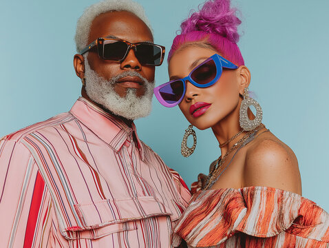 A stylish senior couple in bold, colorful fashion and retro sunglasses stands against a bright background. A fun and playful representation of confident aging.