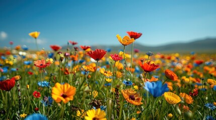 Obraz premium Colorful wildflowers bloom in a meadow with mountains under blue sky