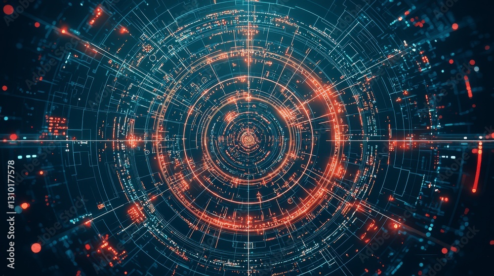 Poster abstract digital pattern with glowing lights in concentric circles, creating a futuristic and tech-i