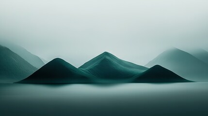   A cluster of peaks emerging from a hazy lake on an overcast afternoon