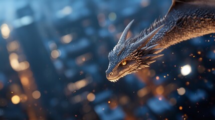Obraz premium Dragon soaring through city skyline with scales reflecting city lights at dusk