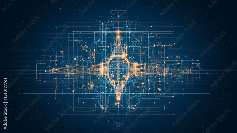 Poster abstract digital design featuring glowing lines and patterns on a dark background, creating a futuri