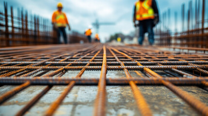 Close-up of a steel rebar framework on a construction site under a cloudy sky. Workers in safety gear are moving about, preparing for the next phase of construction work