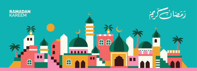 colorfull ramadan kareem geometric landscape pattern with arabic city and various brightly colored islamic icons © Artoniumw