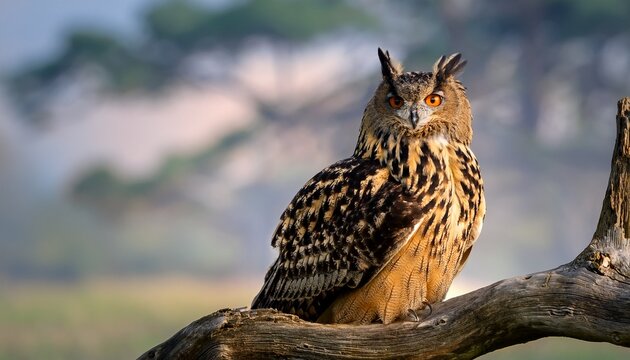 eurasian eagle owl sitting on a dead tree