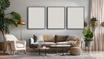 Cozy Living Room Interior Showcasing a Gallery Wall Mockup and Frame Mockup in a 3D Render, Embracing Warm Tones, Textured Furnishings, and a Sophisticated Atmosphere