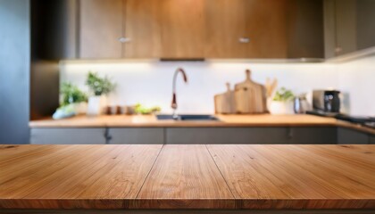 Generative AI Scene Empty Wooden Tabletop in a Modern Kitchen Ambiance with a Blurred Background, Evoking a Sense of Tranquility and Sophistication