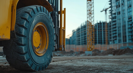 Front wheel of a construction vehicle rests on a dirt surface, showcasing tire tread against a backdrop of cranes and unfinished buildings at dawn