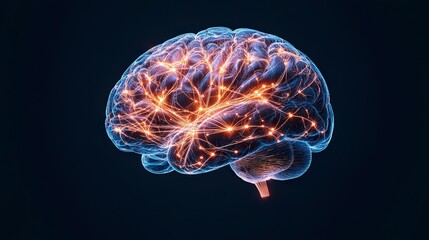 A glowing, digital representation of a brain, showcasing interconnected neural pathways illuminated with vibrant colors against a dark background.