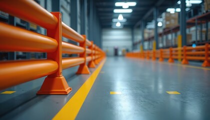 Warehouse interior with orange safety guardrails, barriers. Interior industrial aisle for traffic control, factory safety, logistic organization. Protection equipment for manufacturing facility,