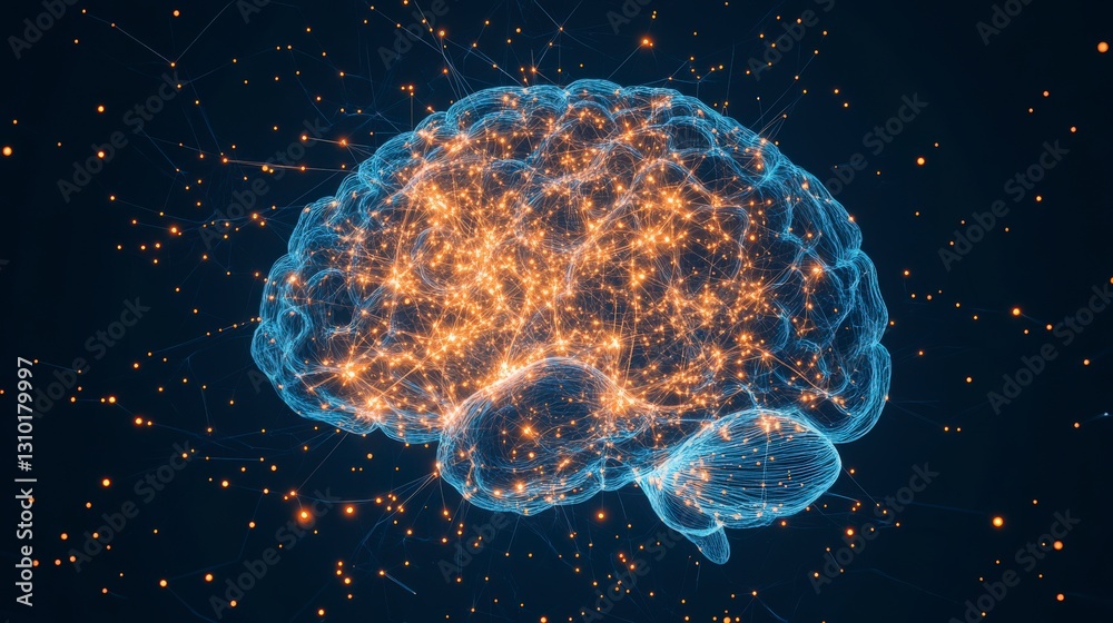 Poster a digital representation of a brain illuminated with glowing connections, symbolizing neural network