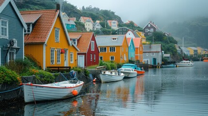 Colorful harbor houses, boats moored, foggy hillside village
