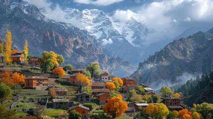 Autumn village nestled in Himalayas with snowy peaks