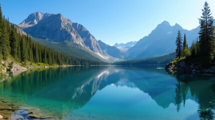 A tranquil mountain lake with clear water reflecting towering peaks, surrounded by lush pine trees under a bright blue sky.